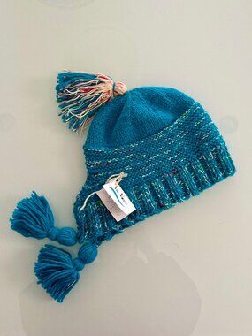 100% ALPACA Wool Toque Beanie Hat Handknit Handmade Tassle Knit Turquoise OOAK